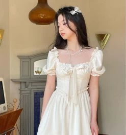 Vintage Elegant Fairycore Lolita Dress -Kawaii Fashion Shop HOUZHOU Vintage Lolita Dress Women Elegant Fairycore Square Collar Cute Fungus Lace Bow Patchwork Apricot Puff 3