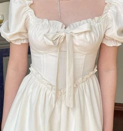 Vintage Elegant Fairycore Lolita Dress -Kawaii Fashion Shop HOUZHOU Vintage Lolita Dress Women Elegant Fairycore Square Collar Cute Fungus Lace Bow Patchwork Apricot Puff 4