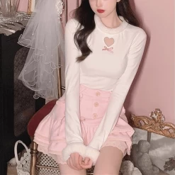 Japanese Sweet Bow Hollow Out T-shirts -Kawaii Fashion Shop HOUZHOU Winter Kawaii Tops Women 2021 Japanese Sweet Plush Collar Bow Hollow Out Warm Long Sleeve 2