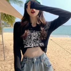 Y2k Aesthetic Letter Print T-shirts -Kawaii Fashion Shop HOUZHOU Women Vintage Letter Print T shirts Long Sleeve Tees Autumn 2021 Sexy Bodycon Y2k Aesthetic 2