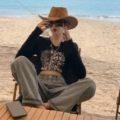 Y2k Aesthetic Letter Print T-shirts -Kawaii Fashion Shop HOUZHOU Women Vintage Letter Print T shirts Long Sleeve Tees Autumn 2021 Sexy Bodycon Y2k Aesthetic 3