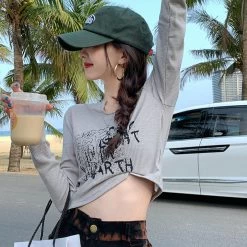 Y2k Aesthetic Letter Print T-shirts -Kawaii Fashion Shop HOUZHOU Women Vintage Letter Print T shirts Long Sleeve Tees Autumn 2021 Sexy Bodycon Y2k Aesthetic 5