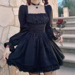 Kawaii Lace Up Gothic Puff Sweet Dress -Kawaii Fashion Shop Ha18a1dfb7eb2480b9bbbf9e499ae9021z