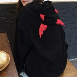 Devil Horn Hoodie -Kawaii Fashion Shop Harajuku Hoodies Girl Little Devil Horns Gothic Hooded Sweatshirts Women Demon Fly Wings Loose Pullovers Pocket 2