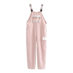 Kawaii ‘Sweet Peach’ Jump Suit Dungarees -Kawaii Fashion Shop Harajuku Kawaii Cargo Pants Women Sweet Plaid Strawberry Print Casual Trousers Female Pink Overalls Girls Cute 2