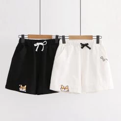 Kawaii Corgi Basic Shorts -Kawaii Fashion Shop Harajuku Kawaii Drawstring Black Wide Leg Shorts Teen Girls Summer Loose Cute Embroidery High Waist Casual 2