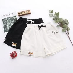 Kawaii Corgi Basic Shorts -Kawaii Fashion Shop Harajuku Kawaii Drawstring Black Wide Leg Shorts Teen Girls Summer Loose Cute Embroidery High Waist Casual 3