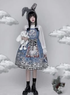 Gothic Alice Printed Lolita Suspender Dress 11 Gothic Alice Printed Lolita Suspender Dress -Kawaii Fashion Shop Harajuku Vintage Blue Bow Printing Stitching Chiffon Dress Girl Fashion Lolita Temperament Sweet Kawaii Dress Bow 2