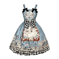 Gothic Alice Printed Lolita Suspender Dress 10 Gothic Alice Printed Lolita Suspender Dress -Kawaii Fashion Shop Harajuku Vintage Blue Bow Printing Stitching Chiffon Dress Girl Fashion Lolita Temperament Sweet Kawaii Dress Bow