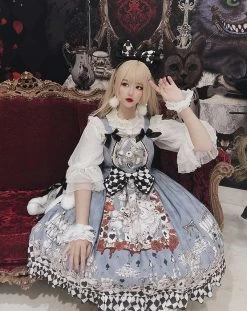 Gothic Alice Printed Lolita Suspender Dress 13 Gothic Alice Printed Lolita Suspender Dress -Kawaii Fashion Shop Harajuku Vintage Blue Bow Printing Stitching Chiffon Dress Girl Fashion Lolita Temperament Sweet Kawaii Dress Bow 4