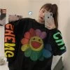 Harajuku Rainbow Sunflower Hoodie -Kawaii Fashion Shop Harajuku Women Sweatshirt Kawaii Korea Sun Flower Smile Face Print O Neck Long Sleeve Oversize Hoodie