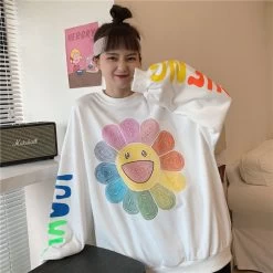 Harajuku Rainbow Sunflower Hoodie 10 Harajuku Rainbow Sunflower Hoodie -Kawaii Fashion Shop Harajuku Women Sweatshirt Kawaii Korea Sun Flower Smile Face Print O Neck Long Sleeve Oversize Hoodie 3