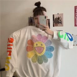 Harajuku Rainbow Sunflower Hoodie 11 Harajuku Rainbow Sunflower Hoodie -Kawaii Fashion Shop Harajuku Women Sweatshirt Kawaii Korea Sun Flower Smile Face Print O Neck Long Sleeve Oversize Hoodie 4