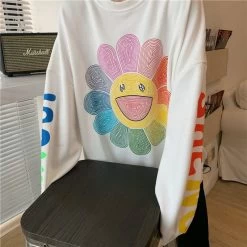 Harajuku Rainbow Sunflower Hoodie 12 Harajuku Rainbow Sunflower Hoodie -Kawaii Fashion Shop Harajuku Women Sweatshirt Kawaii Korea Sun Flower Smile Face Print O Neck Long Sleeve Oversize Hoodie 5