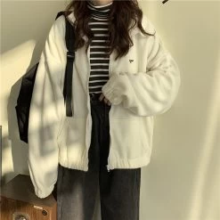 Harajuku Fleece Warm Zipper Jacket -Kawaii Fashion Shop Harajuku Women Zip up Hoodies Plus Velvet Fleece Warm Winter Sweatshirts Jacket Casual Loose Stand Collar 5