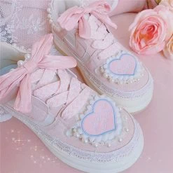 Love Heart Embroidery Round Toe Sneaker 11 Love Heart Embroidery Round Toe Sneaker -Kawaii Fashion Shop Heart Pearls Platform Sneakers Women Cute Thick Soled Casual Shoes Ladies Chunky Trainers Sweet Bow Lolita 3