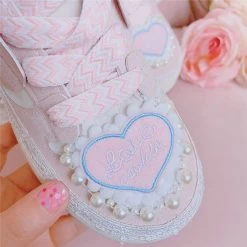 Love Heart Embroidery Round Toe Sneaker 13 Love Heart Embroidery Round Toe Sneaker -Kawaii Fashion Shop Heart Pearls Platform Sneakers Women Cute Thick Soled Casual Shoes Ladies Chunky Trainers Sweet Bow Lolita 5