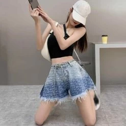 Blue Gradient Fringe Denim Shorts -Kawaii Fashion Shop High Waist Tassel Denim Shorts Loose Thin Blue Pants Gradient Streetwear Casual Pants FashionShorts Female Jeans 2