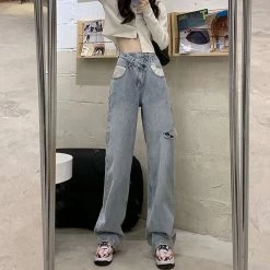 Kawaii Irregular Ripped Denim Pants 9 Kawaii Irregular Ripped Denim Pants -Kawaii Fashion Shop High Waist Trousers Slanted 2 Buttons Design Irregular Ripped Hole Wide Leg Jeans Women Summer Fashion 1