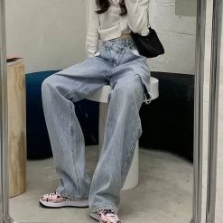 Kawaii Irregular Ripped Denim Pants 10 Kawaii Irregular Ripped Denim Pants -Kawaii Fashion Shop High Waist Trousers Slanted 2 Buttons Design Irregular Ripped Hole Wide Leg Jeans Women Summer Fashion 2