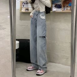 Kawaii Irregular Ripped Denim Pants 11 Kawaii Irregular Ripped Denim Pants -Kawaii Fashion Shop High Waist Trousers Slanted 2 Buttons Design Irregular Ripped Hole Wide Leg Jeans Women Summer Fashion 3