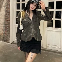 Hot Girl Retro American Zipper Jacket -Kawaii Fashion Shop Hot Girl Retro American Casual Thin Jacket Spring And Autumn College Style Fashion Camel Zipper Jacket 3