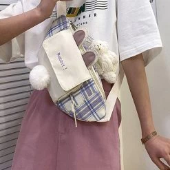 Kawaii Bunny Ear Waist Bag -Kawaii Fashion Shop Hot Kawaii 3D Bunny Ear Girl Waist Bag Plush Rabbit Tail Nylon Check Waist Packs Casual 2