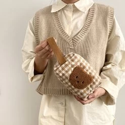 Kawaii Bear Cosmetic Bag Pouch 11 Kawaii Bear Cosmetic Bag Pouch -Kawaii Fashion Shop Hylhexyr Cute Bear Makeup Bag Large Capacity Portable Cosmetic Bags Zipper Pure Cotton Plaid Brushes Pouch 3