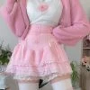Kawaii Pink Corduroy Babydoll Skirt -Kawaii Fashion Shop IAMHOTTY Coquette Aesthetic Mini Skirt Pink Cascading Ruffle A line Buttons Lace up Kawaii Skirts Japanese