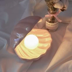 Mermaid Shell Night Light 10 Mermaid Shell Night Light -Kawaii Fashion Shop Ins Japanese Style Ceramic Shell Pearl Night Light Streamer Mermaid Fairy Shell Night Lamp For Bedside 2