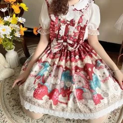 Kawaii Sweet Bear Print Lolita Jsk Dress 10 Kawaii Sweet Bear Print Lolita Jsk Dress -Kawaii Fashion Shop Japan Kawaii Lolita Jsk Dress women sweet Bear strawberry Print Lace Strap Dresses Girl Harajuku Princess 2