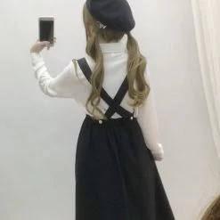 Whisper Suspender Mori Dress -Kawaii Fashion Shop Japan Preppy Style Women Navy Blue Sundress Suspenders Pockets Long Sleeveless Dress Mori Girl Elegant School 3