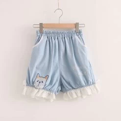 “Where Is The Cat?” Denim Bloomers Shorts -Kawaii Fashion Shop Japan Style 2021 New Lace Elastic Waist Bloomers Cat Head Embroidered Denim Shorts Women Sweet Ladies 2