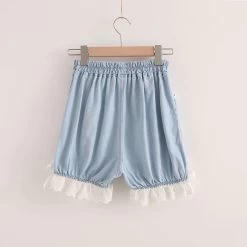 “Where Is The Cat?” Denim Bloomers Shorts -Kawaii Fashion Shop Japan Style 2021 New Lace Elastic Waist Bloomers Cat Head Embroidered Denim Shorts Women Sweet Ladies 3