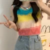 Kawaii Irisated Knitted Tank Top 1 Kawaii Irisated Knitted Tank Top -Kawaii Fashion Shop Japan Style Sweet Crew Sleeveless Rainbow Sweater Vest Knitwear Crop Tops Preppy Striped Hollow Out Knitted
