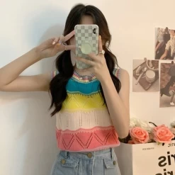 Kawaii Irisated Knitted Tank Top 10 Kawaii Irisated Knitted Tank Top -Kawaii Fashion Shop Japan Style Sweet Crew Sleeveless Rainbow Sweater Vest Knitwear Crop Tops Preppy Striped Hollow Out Knitted 2