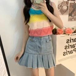 Kawaii Irisated Knitted Tank Top 11 Kawaii Irisated Knitted Tank Top -Kawaii Fashion Shop Japan Style Sweet Crew Sleeveless Rainbow Sweater Vest Knitwear Crop Tops Preppy Striped Hollow Out Knitted 3
