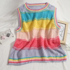 Kawaii Irisated Knitted Tank Top 12 Kawaii Irisated Knitted Tank Top -Kawaii Fashion Shop Japan Style Sweet Crew Sleeveless Rainbow Sweater Vest Knitwear Crop Tops Preppy Striped Hollow Out Knitted 4