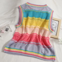 Kawaii Irisated Knitted Tank Top 13 Kawaii Irisated Knitted Tank Top -Kawaii Fashion Shop Japan Style Sweet Crew Sleeveless Rainbow Sweater Vest Knitwear Crop Tops Preppy Striped Hollow Out Knitted 5