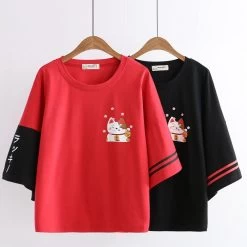 Japanese Lucky Cat Print T-shirt 10 Japanese Lucky Cat Print T-shirt -Kawaii Fashion Shop Japanese Cartoon Cat T Shirt Women Cute Red Black Tee Tops 3