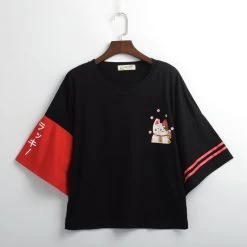 Japanese Lucky Cat Print T-shirt 11 Japanese Lucky Cat Print T-shirt -Kawaii Fashion Shop Japanese Cartoon Cat T Shirt Women Cute Red Black Tee Tops 4