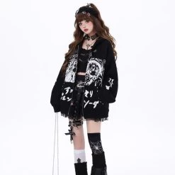 Japanese Dark Style Cartoon Comic Print Hooded Coat -Kawaii Fashion Shop Japanese Dark Style Cartoon Comic Print Hooded Coat 2