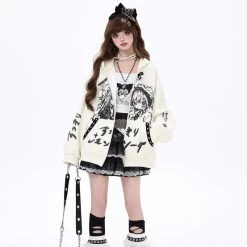 Japanese Dark Style Cartoon Comic Print Hooded Coat -Kawaii Fashion Shop Japanese Dark Style Cartoon Comic Print Hooded Coat 3