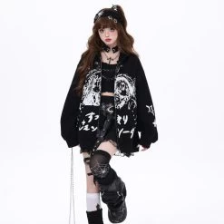 Japanese Dark Style Cartoon Comic Print Hooded Coat -Kawaii Fashion Shop Japanese Dark Style Cartoon Comic Print Hooded Coat 8