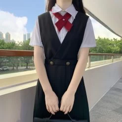 Kawaii Bow Tie Pleated Suspender Skirt Two Pieces Set 9 Kawaii Bow Tie Pleated Suspender Skirt Two Pieces Set -Kawaii Fashion Shop Japanese Girl Long Two Color Pleated Dress 2021 Summer New Sleeveless Bow Tie Uniform Jk College 1