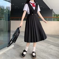 Kawaii Bow Tie Pleated Suspender Skirt Two Pieces Set 10 Kawaii Bow Tie Pleated Suspender Skirt Two Pieces Set -Kawaii Fashion Shop Japanese Girl Long Two Color Pleated Dress 2021 Summer New Sleeveless Bow Tie Uniform Jk College 2