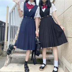 Kawaii Bow Tie Pleated Suspender Skirt Two Pieces Set 11 Kawaii Bow Tie Pleated Suspender Skirt Two Pieces Set -Kawaii Fashion Shop Japanese Girl Long Two Color Pleated Dress 2021 Summer New Sleeveless Bow Tie Uniform Jk College 3