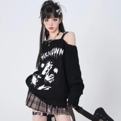 Japanese Harajuku Style Black Comic Embroidered Sweater -Kawaii Fashion Shop Japanese Harajuku Style Black Comic Embroidered Sweater 6