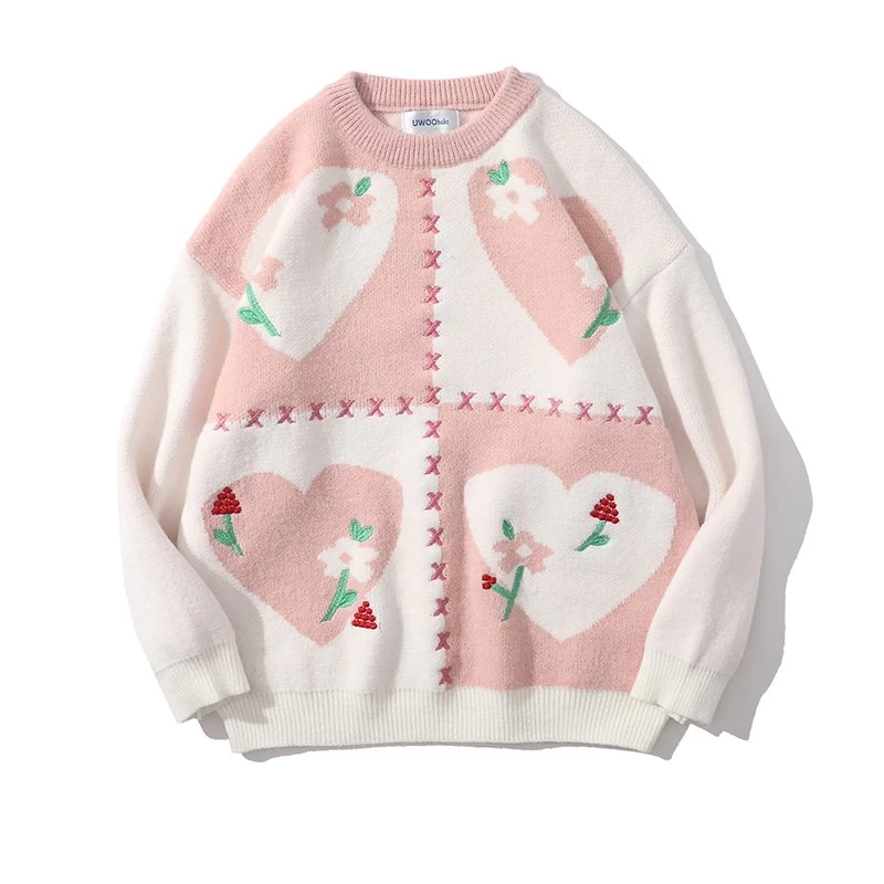 Japanese Heart Embroidered Round Neck Sweater 3 Japanese Heart Embroidered Round Neck Sweater