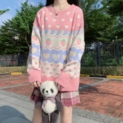 Kawaii Vintage Pink Strawberry Sweater 11 Kawaii Vintage Pink Strawberry Sweater -Kawaii Fashion Shop Japanese Kawaii Knitting Sweater Women Cute Strawberry Printing Long Sleeve Pullover New Autumn Winter Vintage Pink 3